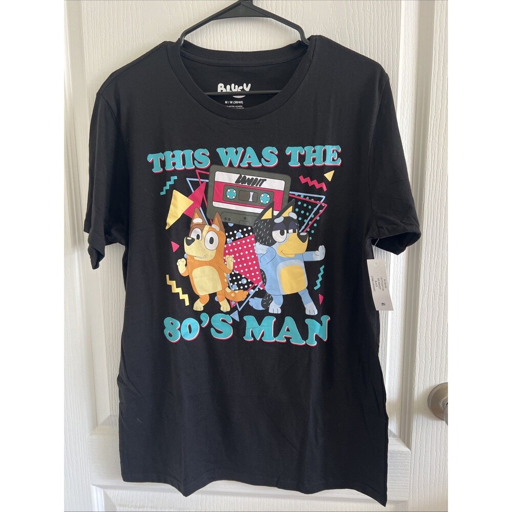 Dog Bluey Men's 80's Man M 38-40 Size Graph Short Sleeve graphic color BLACK NEW